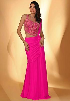 Pink Georgette Handwork Pre Draped Saree Set
