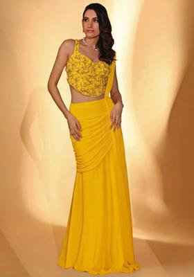 Yellow Georgette Handwork Pre Draped Saree Set