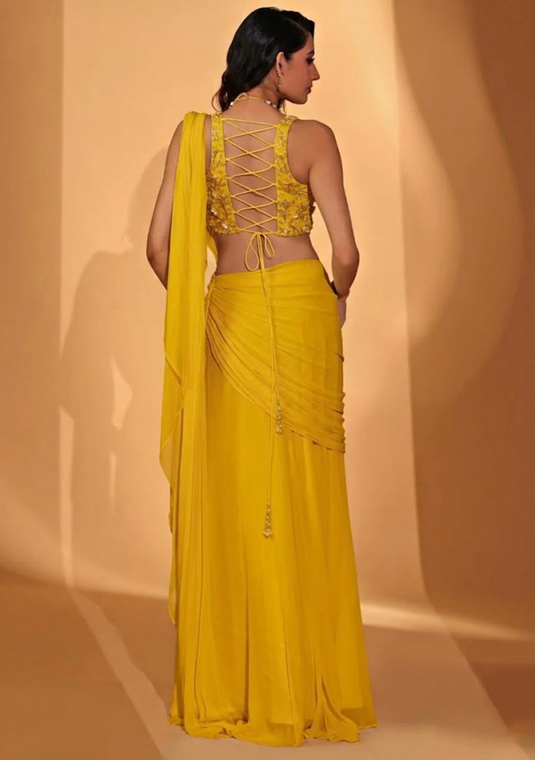 Yellow Georgette Handwork Pre Draped Saree Set - Indya