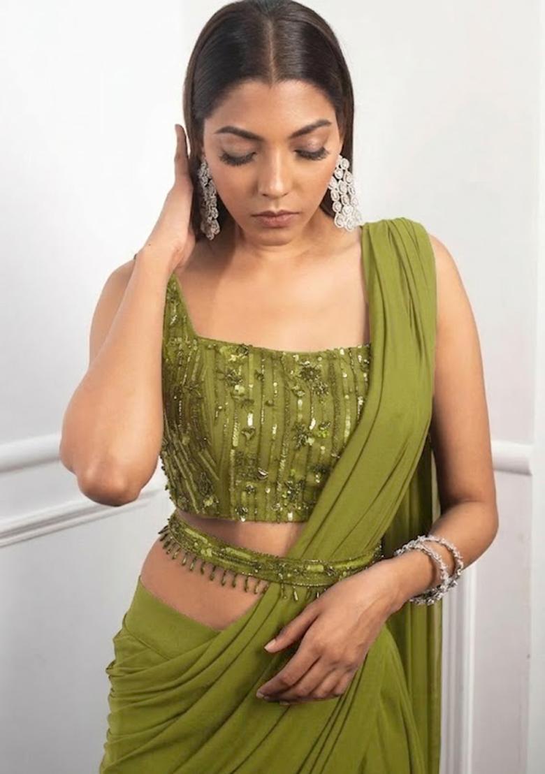 Olive Green Crepe Handwork Pre Draped Saree Set - Indya