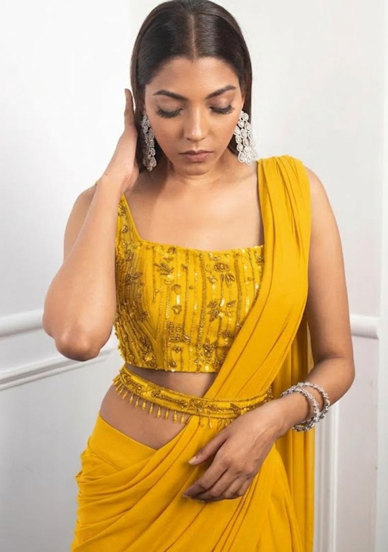 Yellow Crepe Handwork Pre Draped Saree Set - Indya