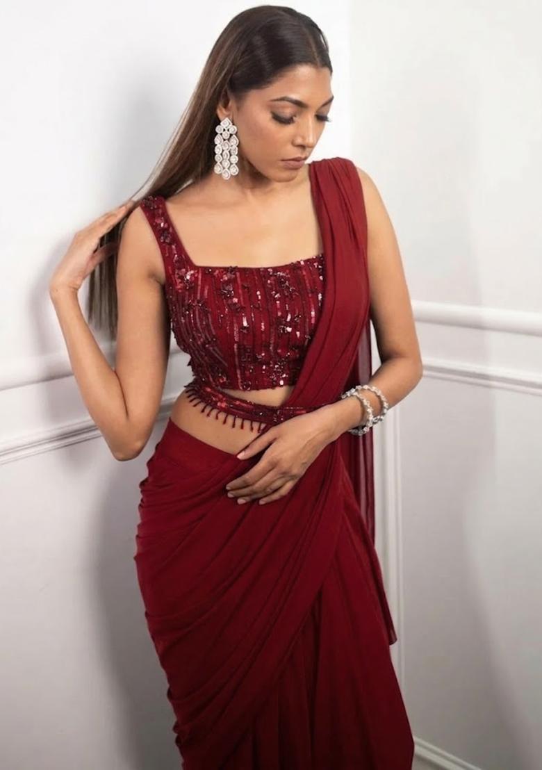 Deep Red Crepe Handwork Pre Draped Saree Set - Indya