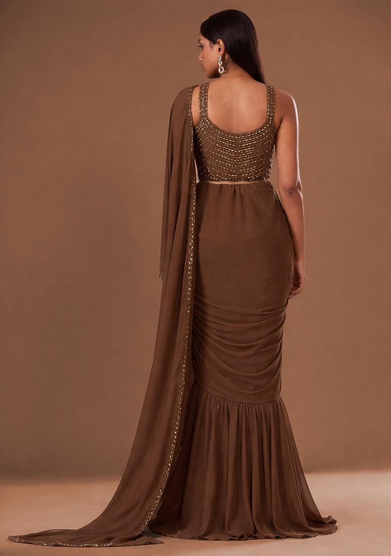 Chocolate Brown Chinon Handwork Pre Draped Saree Set - Indya