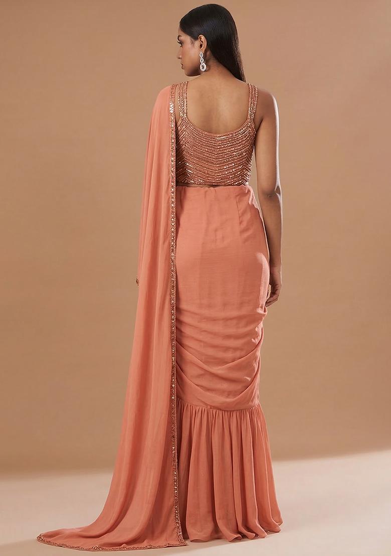 Peach Chinon Handwork Pre Draped Saree Set - Indya