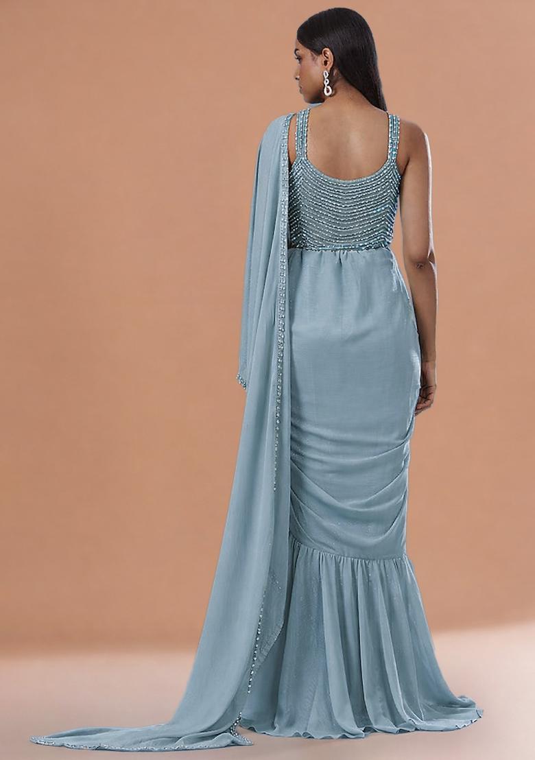 Powder Blue Chinon Handwork Pre Draped Saree Set - Indya