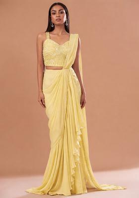Yellow Chinon Handwork Pre Draped Saree Set