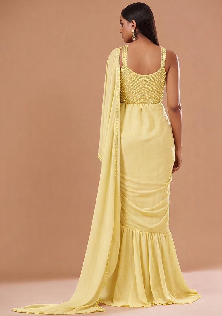 Yellow Chinon Handwork Pre Draped Saree Set - Indya