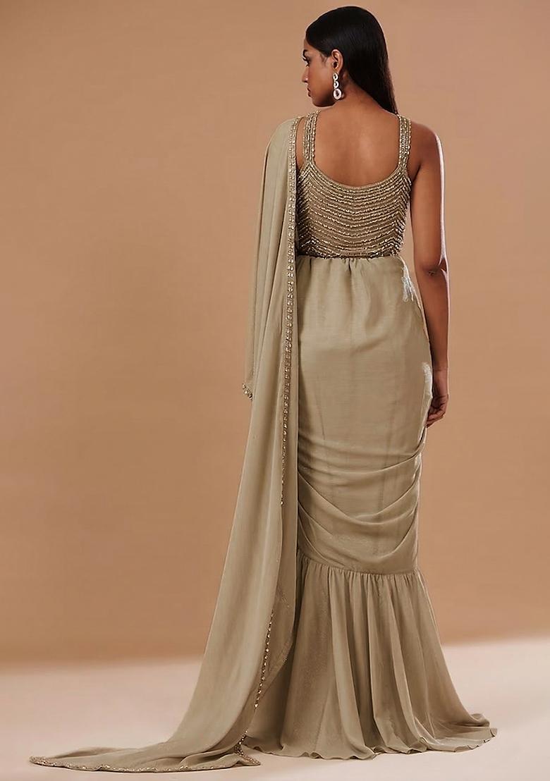 Grey Chinon Handwork Pre Draped Saree Set - Indya