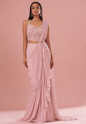 Soft Pink Chinon Handwork Pre Draped Saree Set