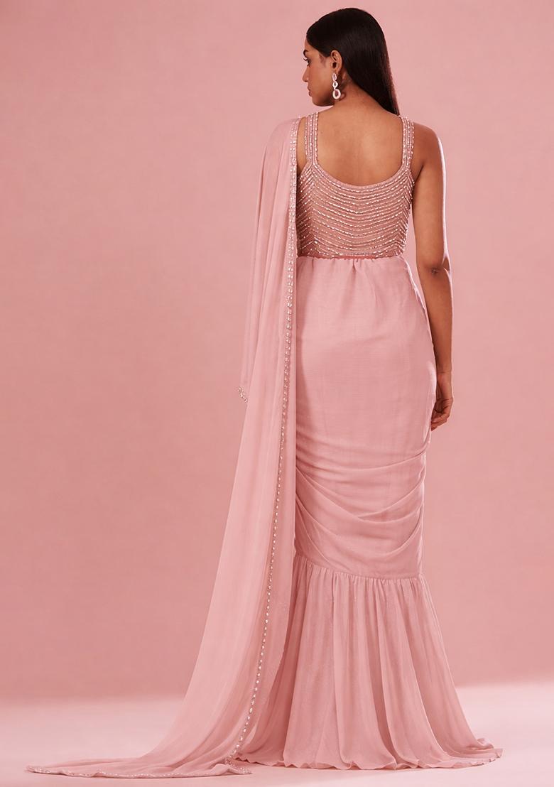Soft Pink Chinon Handwork Pre Draped Saree Set - Indya