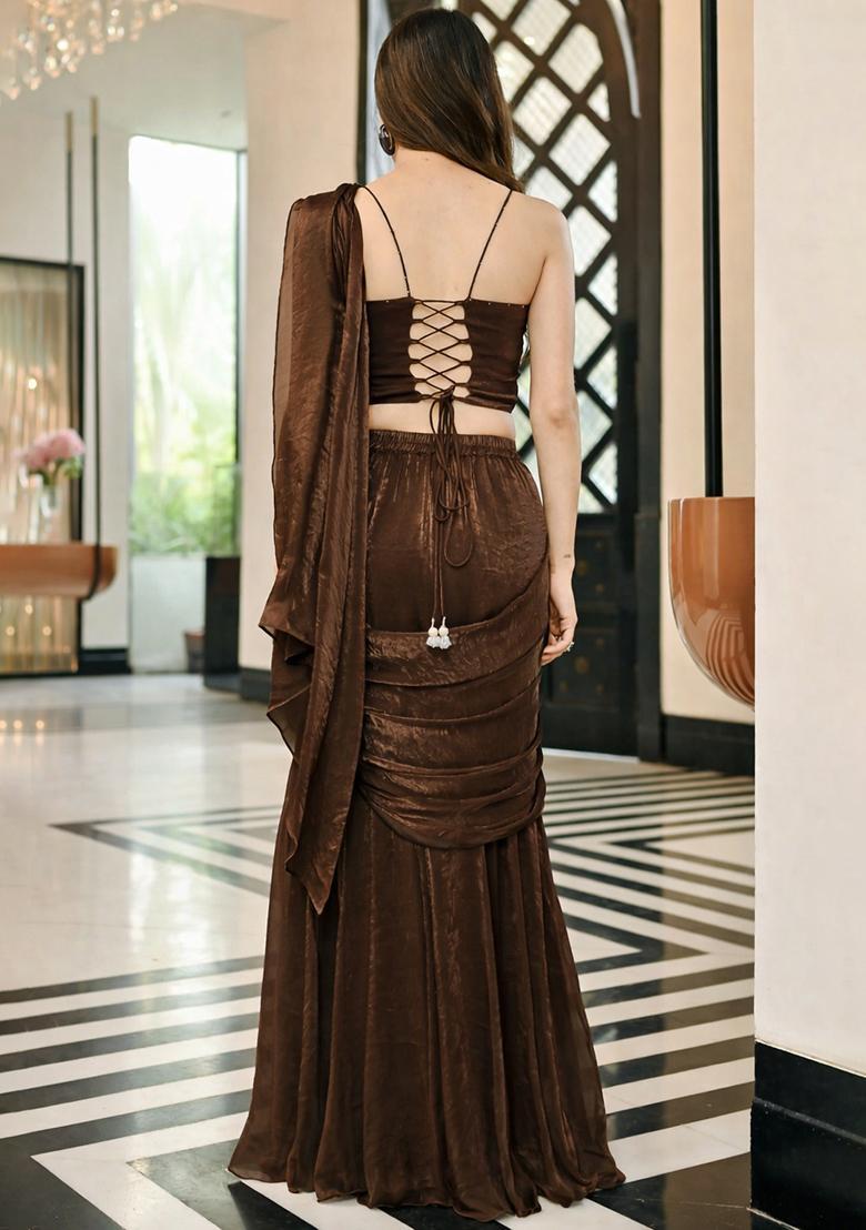 Brown Silk Blend Handwork Pre Draped Saree Set - Indya