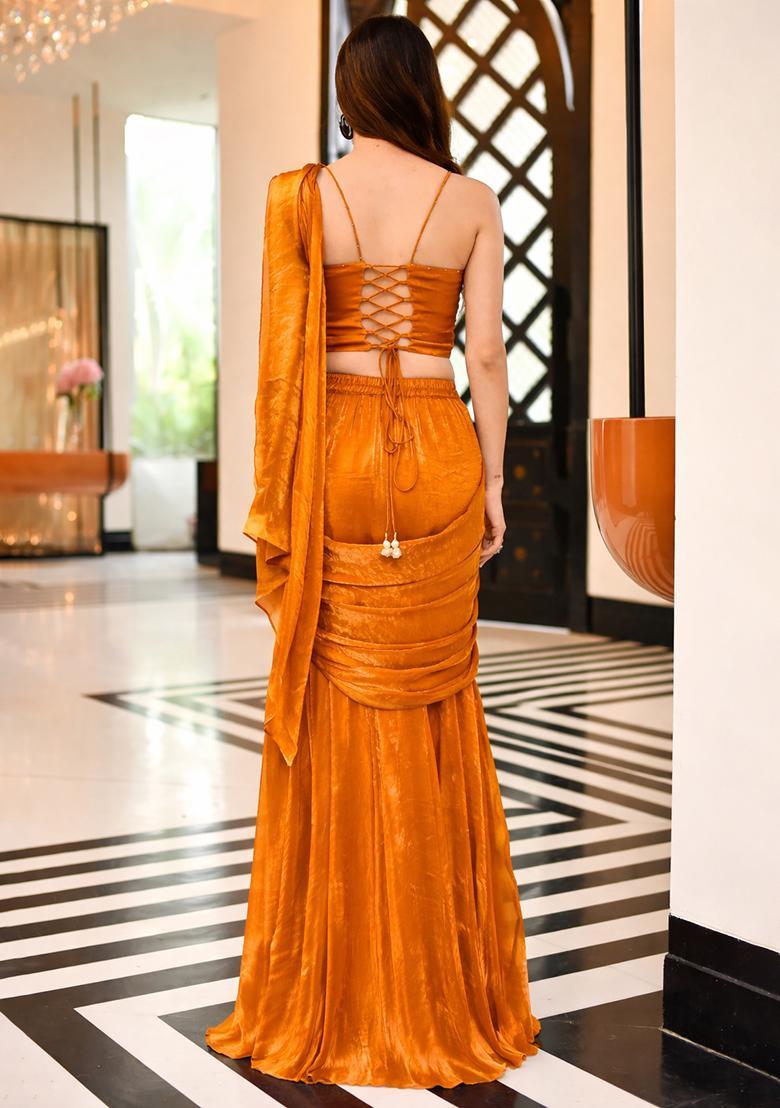 Orange Silk Blend Handwork Pre Draped Saree Set - Indya