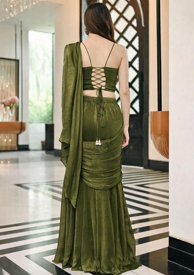 Olive Green Silk Blend Handwork Pre Draped Saree Set - Indya
