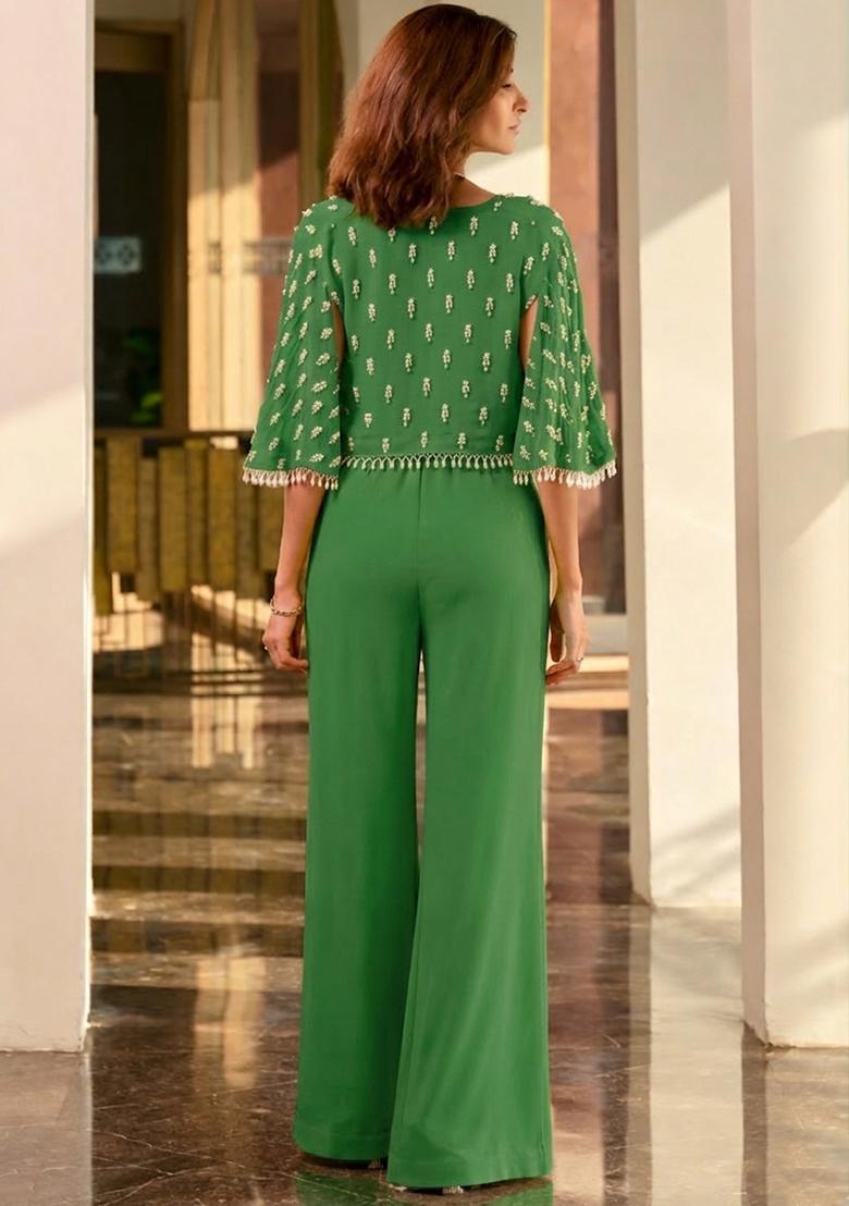 Bottle Green Crepe Handwork Fusion Set - Indya