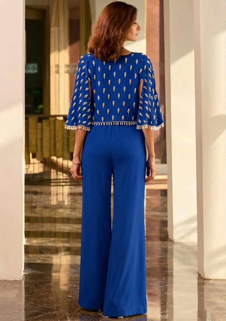 Royal Blue Crepe Handwork Fusion Set - Indya
