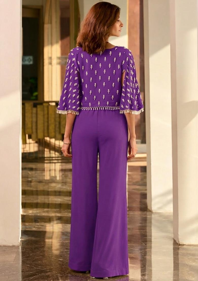 Purple Crepe Handwork Fusion Set - Indya