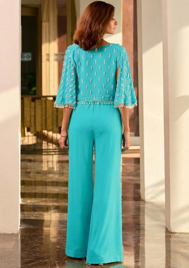 Turquoise Blue Crepe Handwork Fusion Set - Indya