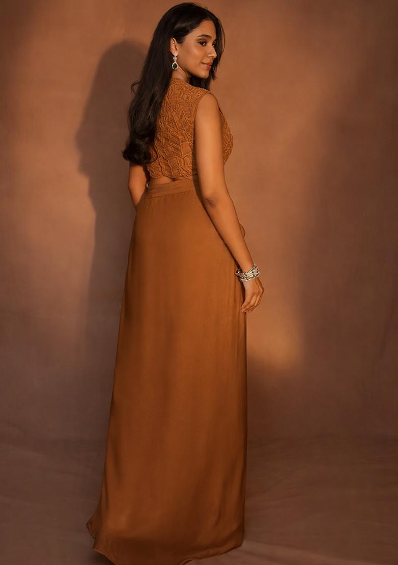 Brown Crepe Handwork Fusion Set - Indya