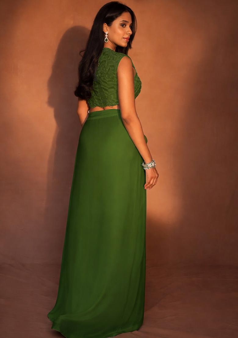 Olive Green Crepe Handwork Fusion Set - Indya
