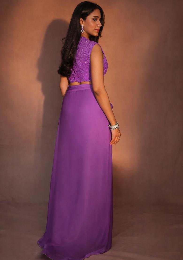 Purple Crepe Handwork Fusion Set - Indya