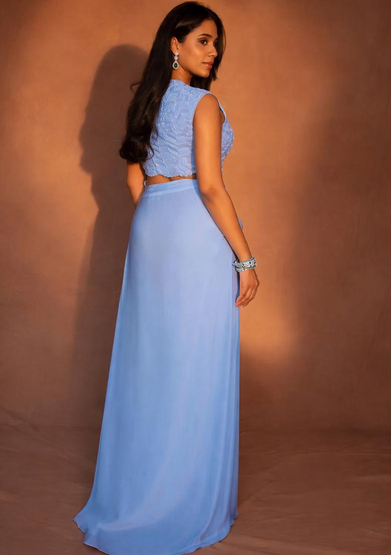 Powder Blue Crepe Handwork Fusion Set - Indya