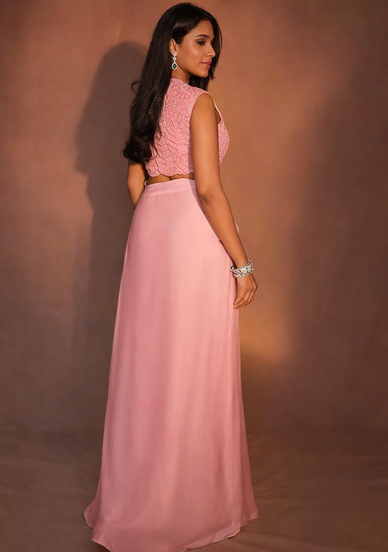 Pink Crepe Handwork Fusion Set - Indya