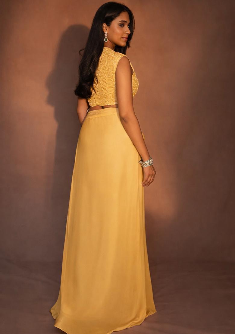 Yellow Crepe Handwork Fusion Set - Indya