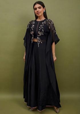 Jet Black Silk Blend Handwork Lehenga Set