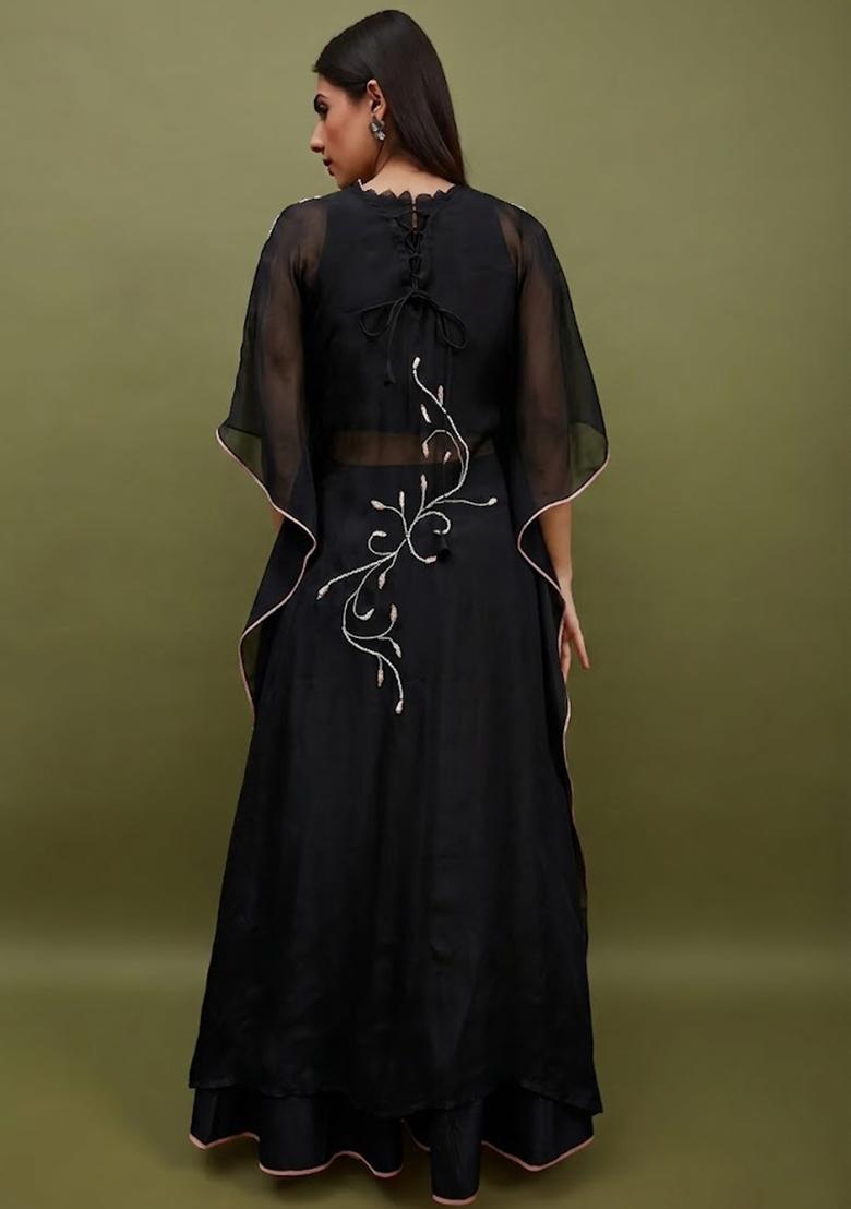 Jet Black Silk Blend Handwork Lehenga Set - Indya