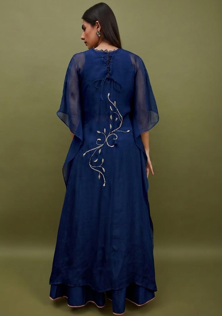 Midnight Blue Silk Blend Handwork Lehenga Set - Indya
