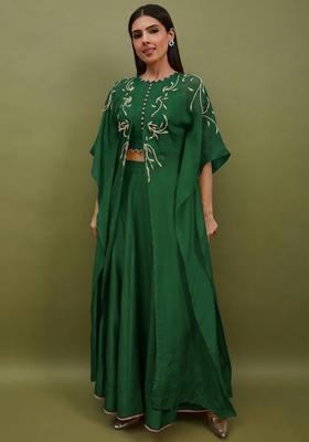 Bottle Green Silk Blend Handwork Lehenga Set