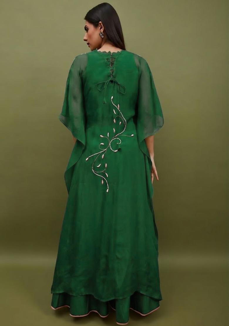 Bottle Green Silk Blend Handwork Lehenga Set - Indya