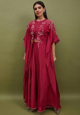 Magenta Silk Blend Handwork Lehenga Set