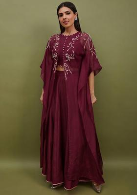 Wine Silk Blend Handwork Lehenga Set