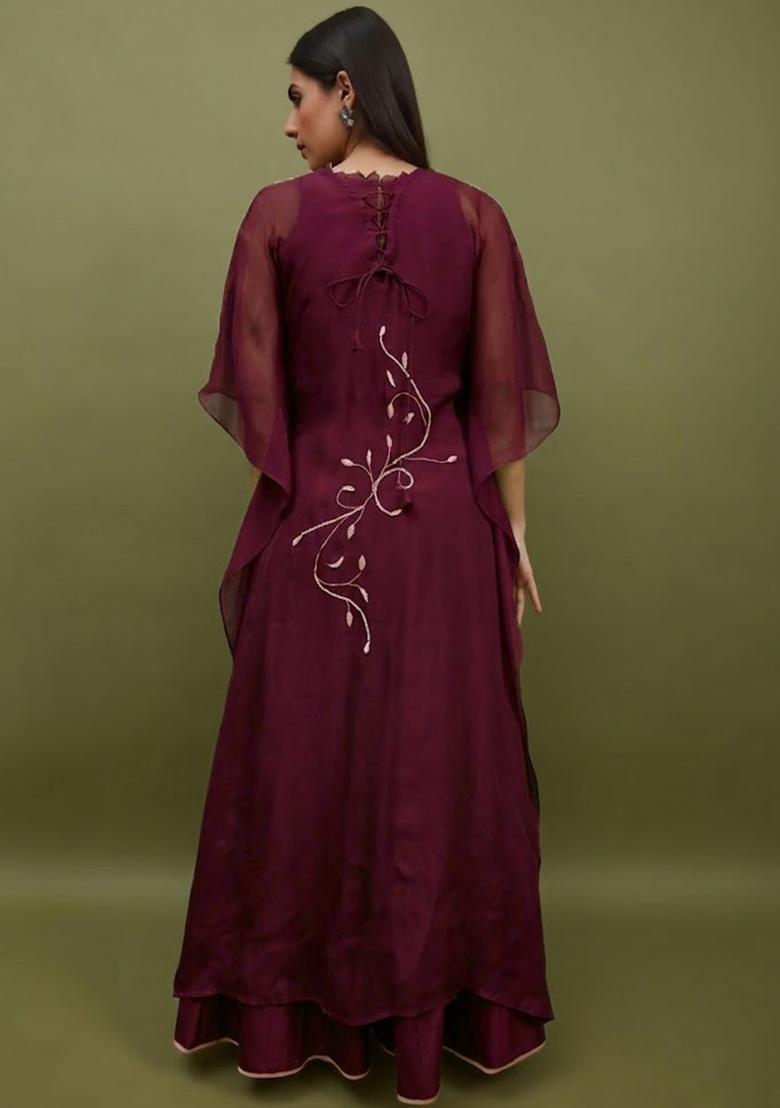 Wine Silk Blend Handwork Lehenga Set - Indya