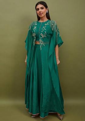 Teal Green Silk Blend Handwork Lehenga Set