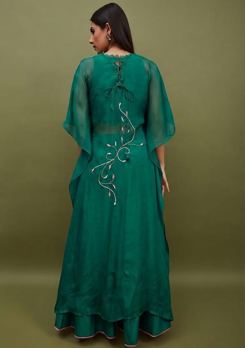 Teal Green Silk Blend Handwork Lehenga Set - Indya