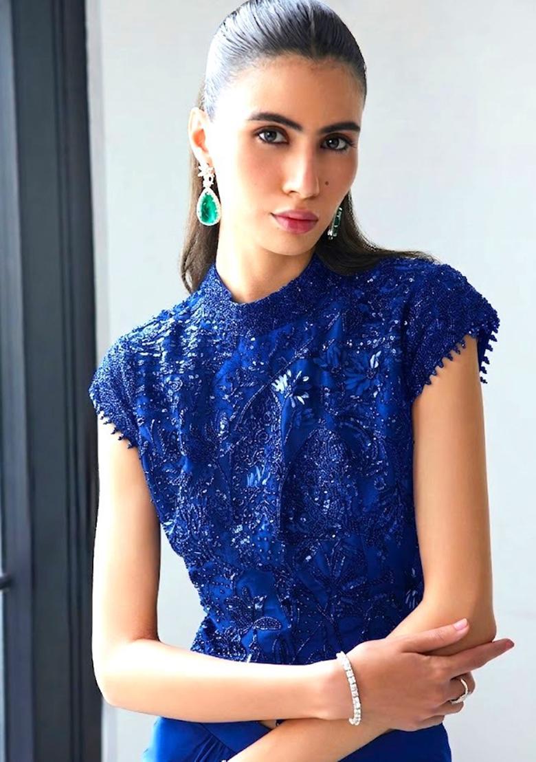 Royal Blue Satin Handwork Fusion Set - Indya