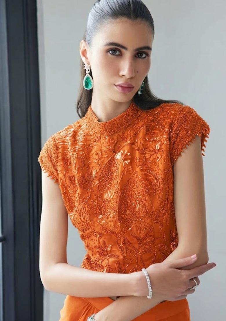 Orange Satin Handwork Fusion Set - Indya