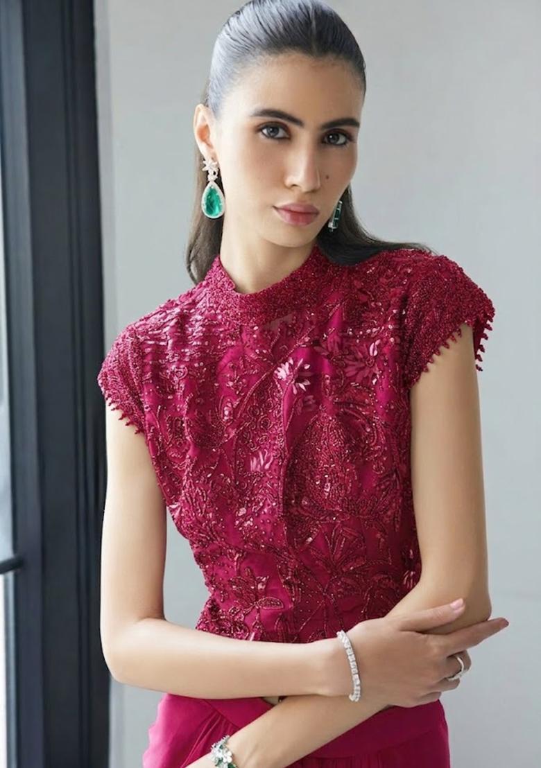 Pink Satin Handwork Fusion Set - Indya