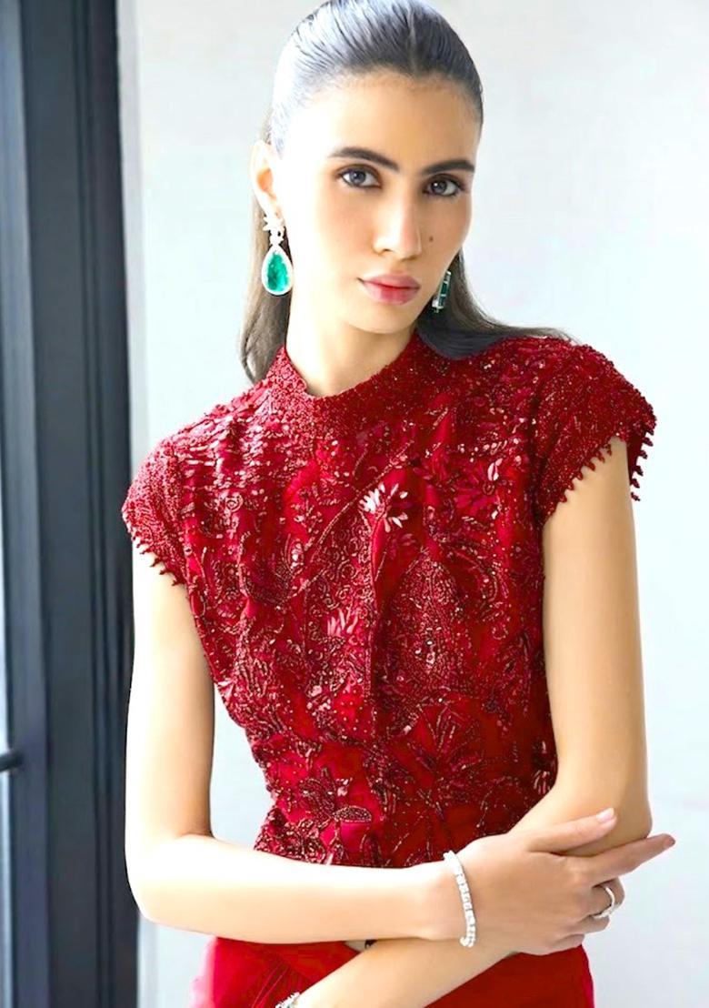 Red Satin Handwork Fusion Set - Indya