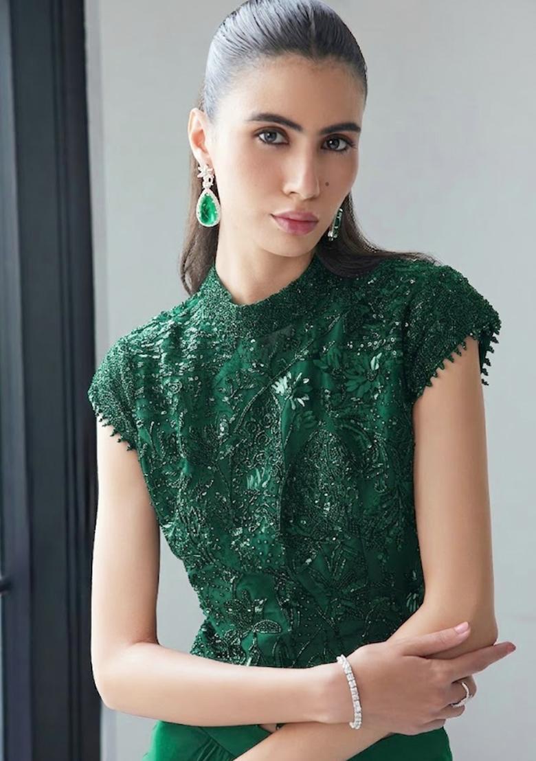 Bottle Green Satin Handwork Fusion Set - Indya