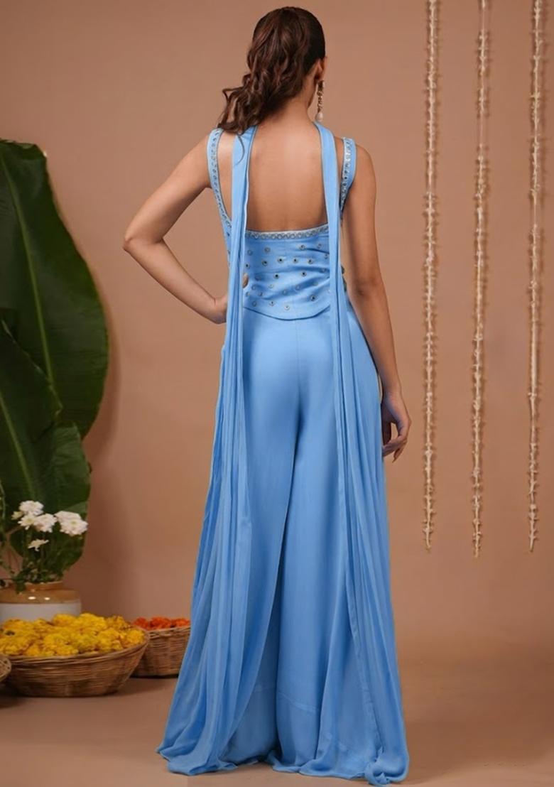 Sky Blue Georgette Handwork Fusion Set - Indya