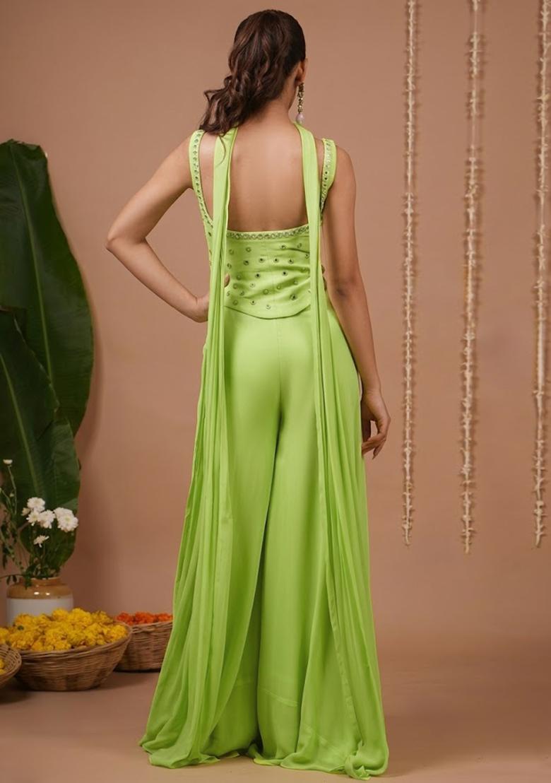 Lime Green Georgette Handwork Fusion Set - Indya