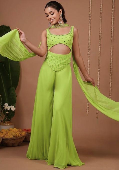 Lime Green Georgette Handwork Fusion Set