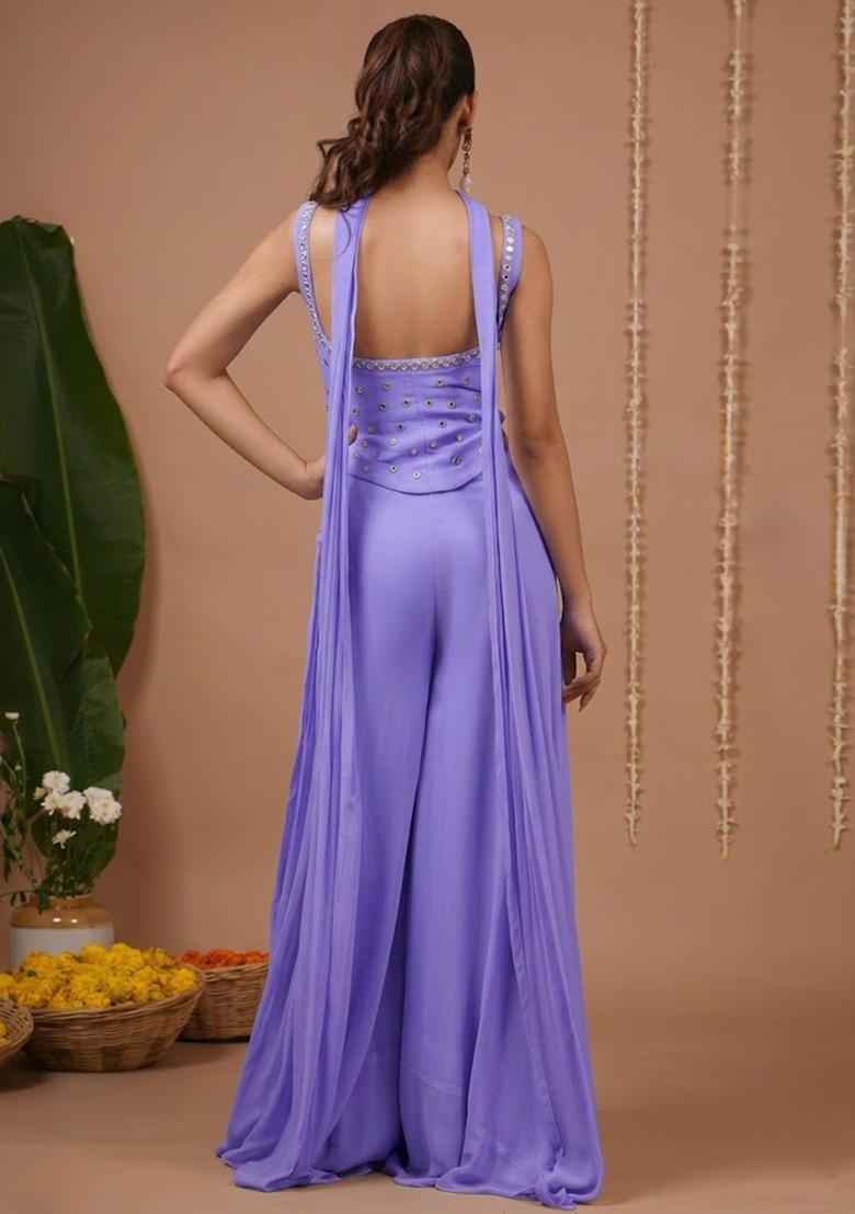Lavender Georgette Handwork Fusion Set - Indya