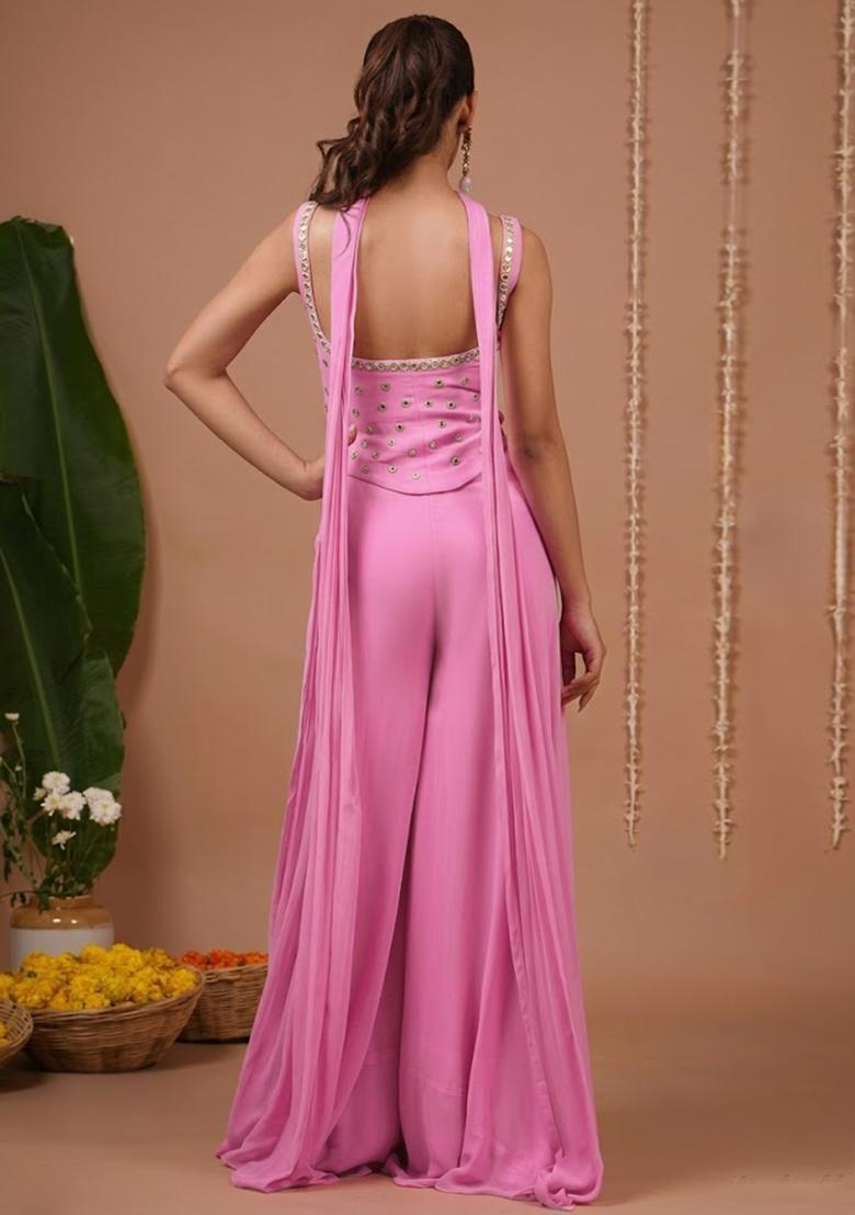 Pink Georgette Handwork Fusion Set - Indya