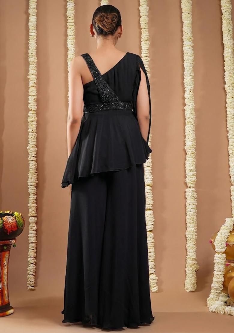 Jet Black Georgette Handwork Fusion Set - Indya