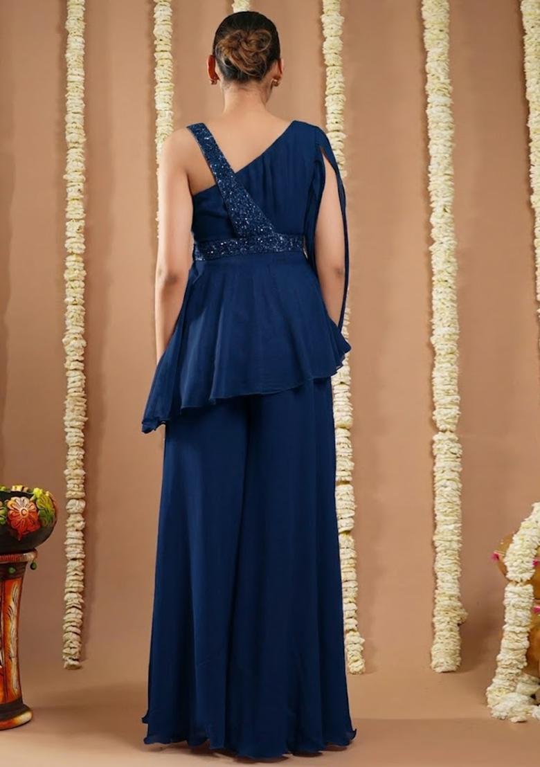 Navy Blue Georgette Handwork Fusion Set - Indya