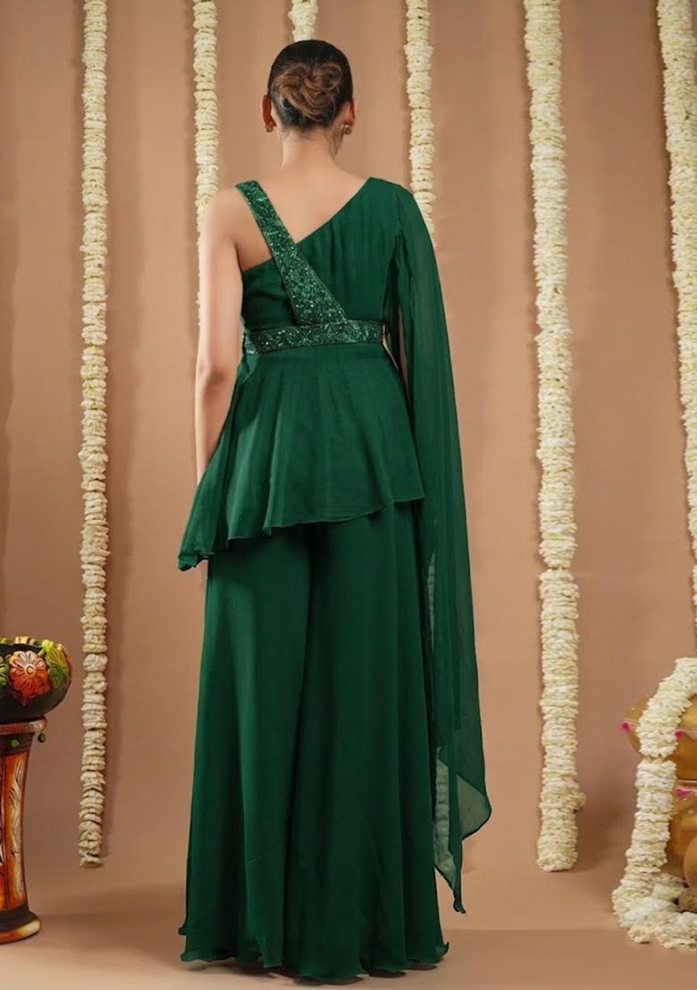 Forest Green Georgette Handwork Fusion Set - Indya